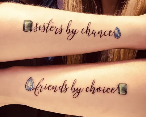 Sister tattoos, sister tattoos for 2, gem tattoos, birthstone tattoos, sisters by chance, friends by choice, emerald tattoo, moonstone tattoo Moonstone Tattoo, Birthstone Tattoos, Sister Tattoos Quotes, Sisters By Choice, Choice Tattoo, Emerald Tattoo, Tattoos Sisters, Unique Sister Tattoos, Cute Best Friend Tattoos