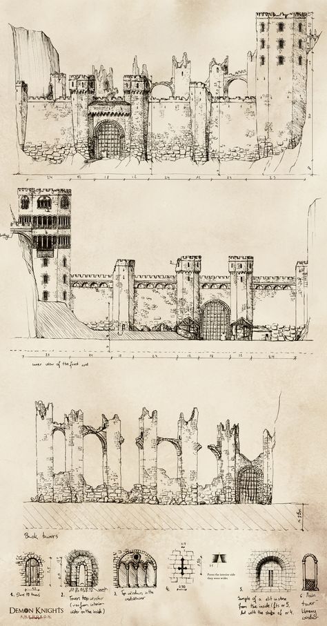 Hand-drawn concept design of a fantasy watchtower by Elwira Pawlikowska #grim #dream #art #grimdream #grimdreamart #elwirapawlikowska #elwira #pawlikowska #game #design #gamedesign #sketch #architecture #architectural #elevation #facade #gothic #medieval #hand #drawn #drawing #concept #conceptart #conceptdesign #gameart #ink #inkdrawing #traditional #architect #detailed #historical #historic #middleages #fortress #ancient #castle #wall #walls #siege #ruin #keep #gate #bridge #details #tower Building Layout Design, Castle Architecture Drawing, Fantasy Building Sketch, Medieval Architecture Drawing, Battle Field Drawing, Fantasy Watchtower, Midevil Castle Drawings, Gothic Architecture Drawing Easy, Medieval Castle Drawings