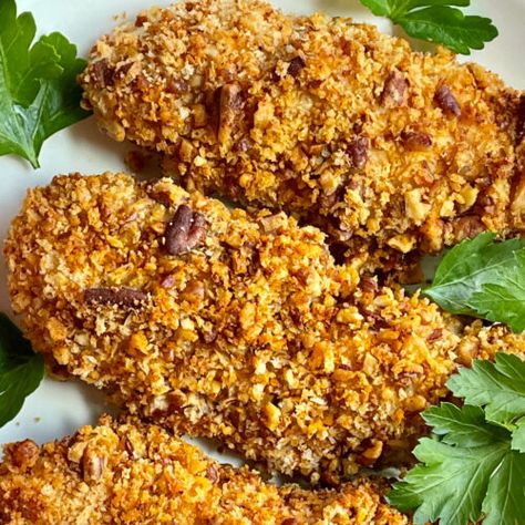 Air Fryer Chicken Tenders - Pecan Crusted Recipe with Variations Pecan Crust Recipe, Chicken In Air Fryer, Air Fried Chicken Tenders, Pecan Crusted Chicken, Crusted Chicken Tenders, Pecan Crust, Breaded Chicken Tenders, Air Fryer Chicken Tenders, Fried Chicken Tenders