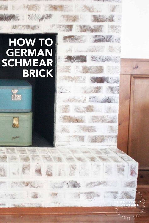 Learn how to German schmear brick, in no time! Makeover a brick fireplace with mortar wash, a beginner-friendly DIY project. #diyproject #renovation #remodel How to German Schmear Brick | How to Mortar Wash Brick | German Smear | Brick Fireplace Makeover | Brick Fireplace Update via @craftivityd Brick Mortar Wash, German Schmear Brick, Mortar Wash, German Smear Brick, Faux Brick Backsplash, White Wash Brick Fireplace, German Schmear, German Smear, Painted Brick Fireplaces