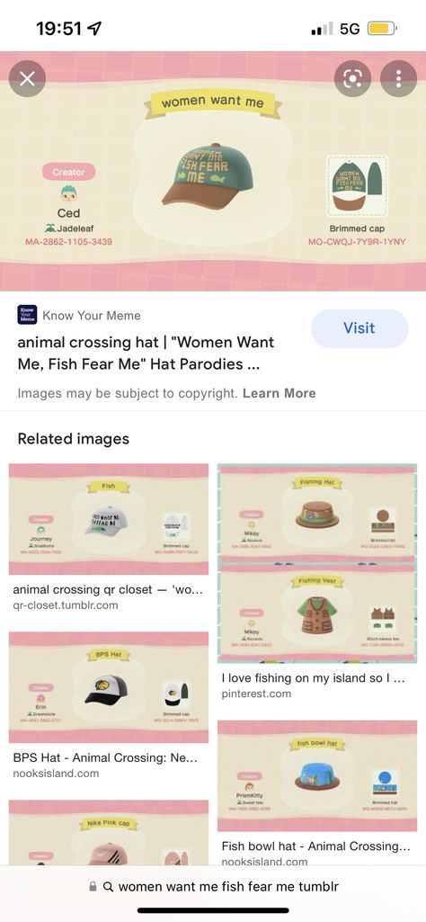 Hat Design Animal Crossing, Animal Crossing Hat Design Codes, Animal Crossing Hat Code, Animal Crossing Mom Sweater, Fish Fear Me Hat, Animal Crossing Brimmed Hat Design, Fish Fear Me, Fishing Hat, Fishing Women