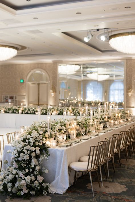 High Table Design Wedding, White Flowers Reception, Vip Wedding Table, Rectangular Tables For Wedding Reception, White Florals Wedding Reception, Greenery Centerpiece Wedding Long Table, High Floral Centerpieces Wedding, Family Table Wedding, White Floral Arrangements Wedding