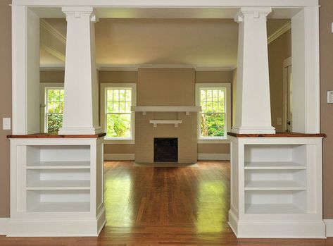 This is something I love about craftsman interiors. The use of the columns and half walls between rooms define separate spaces (and provide useful built-in bookcases), but do so in a way that doesn't block the light or make the house house feel chopped up too badly. Also, I love the mouldings in the room and the traditional windows. Bungalow Style Interior, Craftsman Family Room, Craftsman Renovation, Craftsman Columns, Craftsman Interiors, Craftsman Interior, Craftsman Bungalow, Craftsman Style Home, Craftsman Style Homes