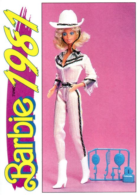 Barbie: "1981 - Western Barbie" Limited Edition Trading Card No. 90 (Action/Panini) Canada 1991 Barbie Cowboy, 1980s Barbie Dolls, Western Barbie, 1980s Barbie, Barbie 1990, Ballerina Barbie, Artsy Background, Nostalgic Toys, Barbie Diy