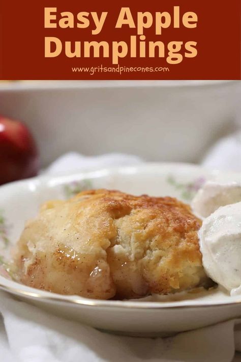 The BEST Apple Dumpling dessert recipe ever is sheer perfection, with whole cinnamon-laced apples wrapped in a homemade flakey pie crust and then baked in a decadent sauce. Served hot out of the oven and then topped with a scoop or maybe two of vanilla ice cream, homemade Apple Dumplings are an absolute crowd-pleaser. And, not only are they the perfect fall dessert but the perfect anytime dessert. #appledumplings, #applerecipes Dumpling Dessert, Easy Apple Dumplings, Apple Dumpling Recipe, Apple Dumpling, Apple Dumplings, Flaky Pie Crust, Easy No Bake Desserts, Dumpling Recipe, Easiest Apples