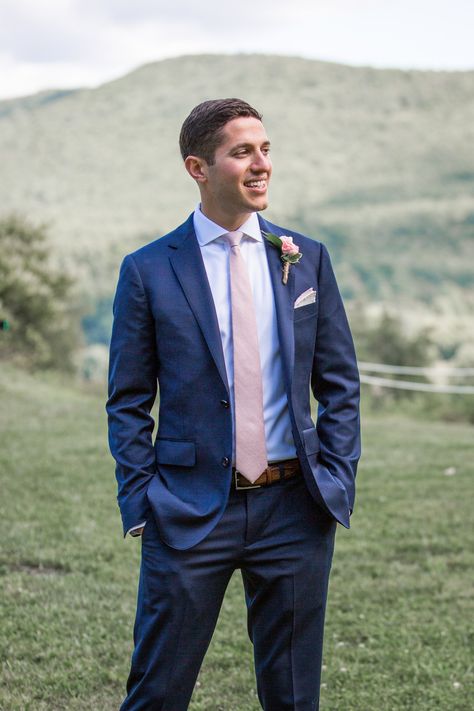 Navy blue suit, pink tie, groom style, classic New England, preppy, coastal wedding style f Navy Blue And Pink Tuxedo Wedding, Blue Suit Pink Shirt, Navy Suit Pink Tie, Navy Suit Pink Shirt, Blue Suit Black Tie, Blue Suit Pink Tie, Navy Suit Tie, Blue Suit Tie, Blue Suit Brown Shoes