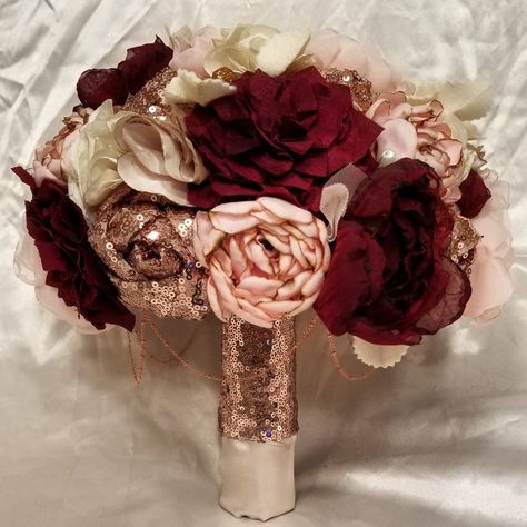 Rose Gold fabric bouquet Gold And Burgundy Wedding, Gold Sequin Fabric, Fabric Bouquet, Burgundy Bouquet, Maroon Wedding, Rose Gold Sequin, Burgundy Flowers, Wedding Arrangements, Burgundy And Gold