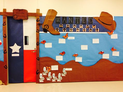 Texas theme bulletin board Texas Door Decorations Classroom, Texas Classroom Decor, Texas History Classroom Decorations, Western Bulletin Boards, Texas History Classroom, History Classroom Decorations, Cactus Classroom, Texas Theme, Classroom Doors