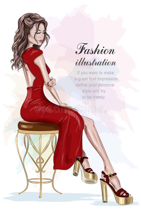 Chair Sketch, Wedding Dresses Vintage 20s, Woman In Red Dress, Girl Vector, Woman In Red, Model Sketch, Fashion Artwork, Fashion Illustration Vintage, Vintage Chair