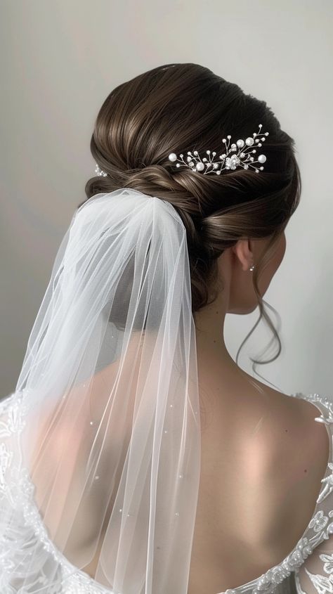 Midjourney Feed Hairstyle For Veil, Wedding Hairstyle With Veil, Wedding Hair Bun With Veil, Wedding Hair For Bride With Veil, Bride Hair With Veil, Wedding Hairstyles Veil, Elegant Bride Hairstyles, Wedding Hair Veil, Hairstyle With Veil