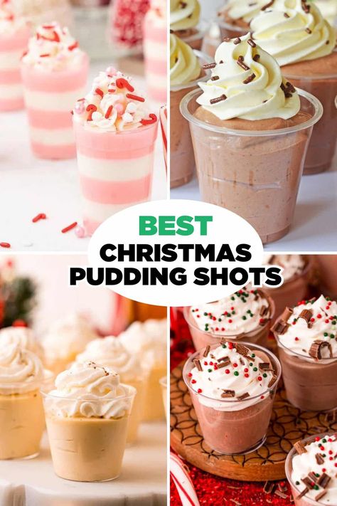 Dessert Jello Shots, Christmas Shot Ideas, Red Pudding Shots, Pink Pudding Shots, Christmas Chocolate Pudding Shots, Pudding Shots Alcoholic Christmas, Christmas Pudding Shots Alcoholic, Holiday Pudding Shots Christmas, Pudding Jello Shots