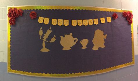 Disney bulletin board  Beauty and the Beast. #Beourguest Be Our Guest Bulletin Board, Beauty And The Beast Bulletin Board, Beauty And The Beast Classroom Theme, Disney Bulletin Boards, Beauty And The Beast Crafts, Ra Inspiration, Pop Decor, Teacher Door Decorations, Disney Themed Classroom