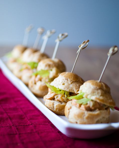 Homemade savory profiteroles filled with the delightful Buffalo Chicken combo of blue cheese, Franks Red Hot, and celery make the perfect pre-game appetizer! Savory Profiteroles, Shared Dining, Chicken Puffs, Choux Cream, The Best Snacks, Buffalo Chicken Recipes, Buffalo Wing, Best Snacks, Franks Red Hot