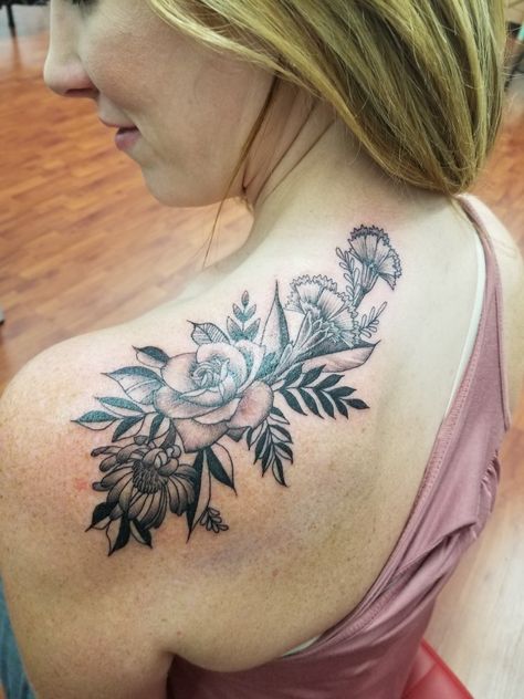 Birth flower tattoo #aster #carnation #rose Aster And Carnation Flower Tattoo, Carnation Shoulder Tattoo, Carnation And Aster Flower Tattoo, Carnation Back Tattoo, Rose And Carnation Tattoo, Black And Grey Carnation Tattoo, Carnation Flower Tattoo With Butterfly, August Flower Tattoo, Narcissus Flower Tattoos