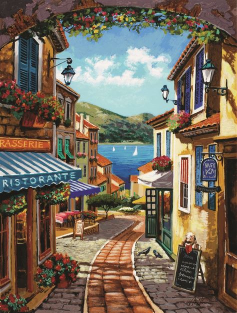 Anatoly Metlan - Walkway Near the Lake (Italy) Anatoly Metlan, Scenery Art, फोटोग्राफी 101, Scenery Paintings, 수채화 그림, Lukisan Cat Air, Beginner Painting, Arte Fantasy, Art And Illustration