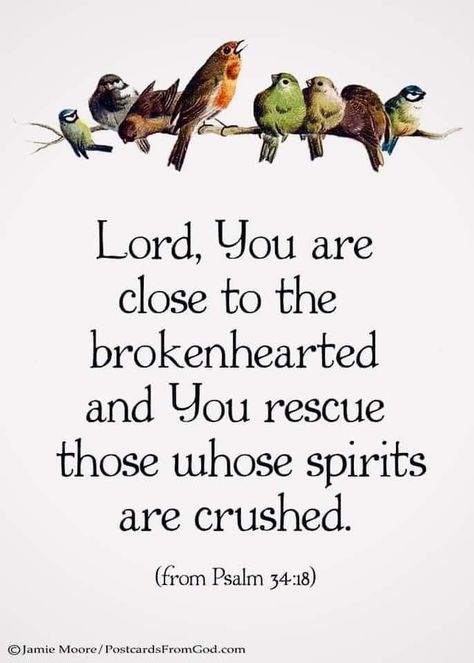 When my heart is broken and my spirit is crushed the Lord is close to me and rescues me.   https://www.facebook.com/PostcardsFromGod/ Close To Me, Broken Hearted, Psalm 34, My Spirit, Bible Words, My Heart Is Breaking, Bible Journaling, Word Of God, The Lord