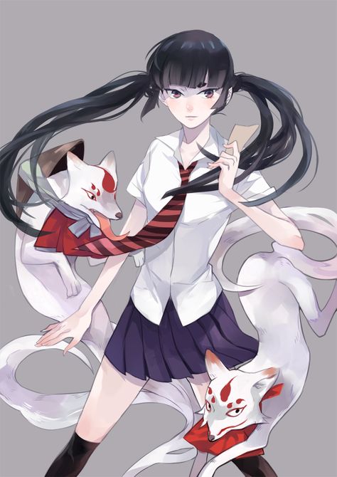 Izumo Kamiki and her familiars, Uke and Mike Blue Exorcist Izumo, Izumo Kamiki, Kamiki Izumo, Ao No Exorcist, Blue Exorcist, Anime Fanart, Fan Art, Anime, Blue