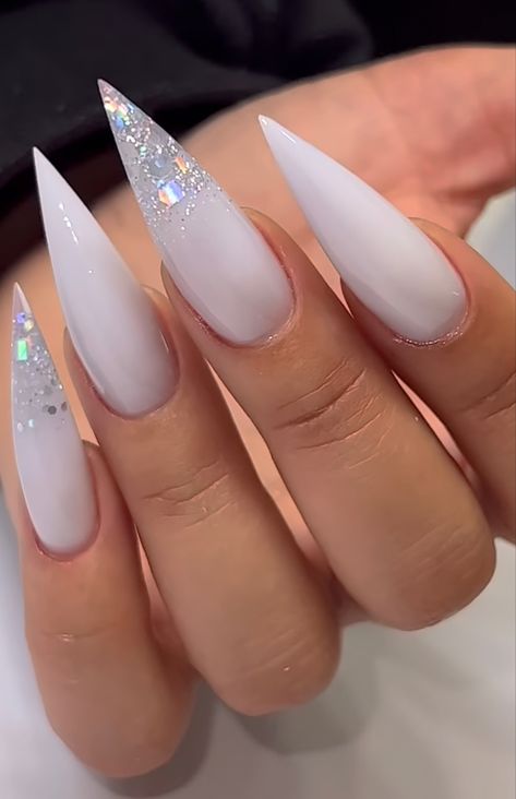 White Stiletto Nails, Stilleto Nails Designs, Sharp Nails, Milky Nails, White Acrylic Nails, Stiletto Nails Designs, Her Nails, Pink Acrylic Nails, Fabulous Nails