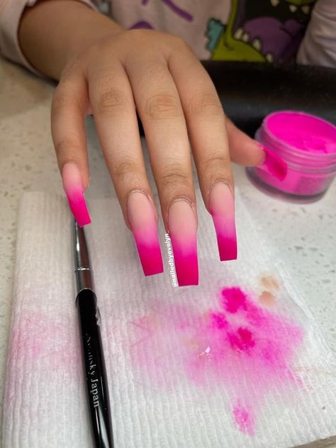 Hot Pink Nails Acrylic Design, Pink Ballerina Nails Long, Long Hot Pink Acrylic Nails Art Designs, Hot Pink Nails Coffin Long, Barbie Pink French Tip Nails Square, Hot Pink Long Square Acrylic Nails, Hot Pink Ombre Nails, Ombre Hot Pink Acrylic Nails, Ballerina Acrylic Nails