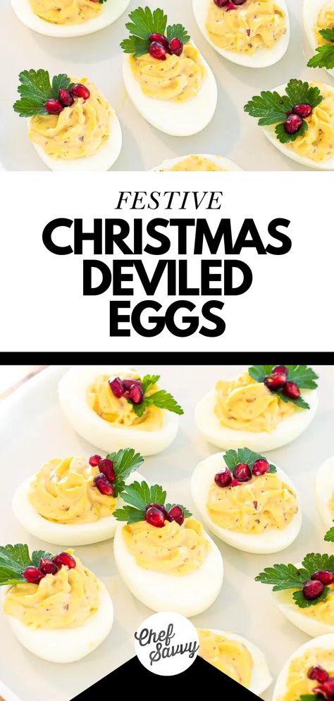 Egg Party Food, Christmas Deviled Eggs, Holiday Deviled Eggs, Christmas Party Appetizers, Egg Appetizer, Spicy Almonds, Chef Savvy, Holiday Party Appetizers, Holidays Recipes