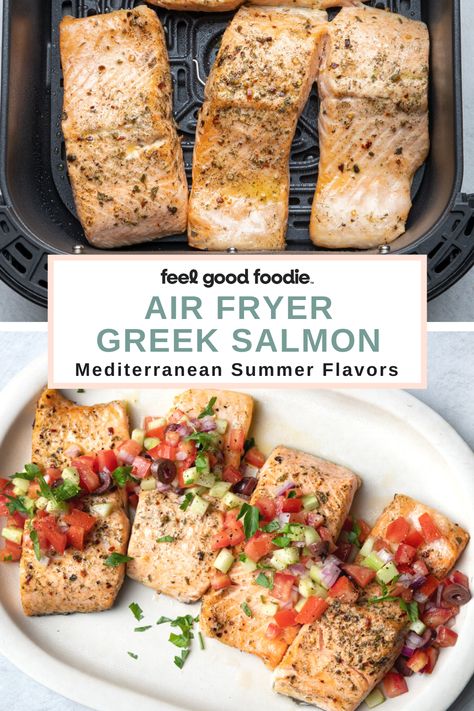 Mediterranean Air Fryer Salmon, Salmon Recipes Mediterranean, Airfryer Mediterranean Recipes, Mediterranean Fish Recipes Healthy, Mediterranean Diet Recipes Air Fryer, Mediterranean Seafood Recipes, Salmon Mediterranean Recipes, Greek Salmon Recipes, Air Fryer Mediterranean Recipes