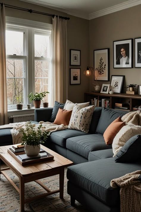 Small Family Room Couch Ideas, Cozy Dark Wood Living Room, Comfy Sectional Living Room, Lively Living Room Ideas, Sectional Under Window, Square Lounge Layout, Cozy Budget Living Room, Cube Storage Behind Couch, Feng Shui Layout Living Rooms