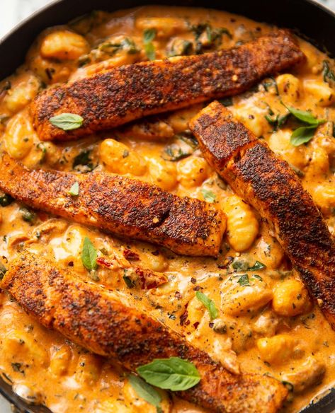 Salmon and Gnocchi (so delicious!) Recipes For Newlyweds, Gnocchi Recipes Healthy, Roast Dinner Sides, Pumpkin Gnocchi, Sweet Potato Gnocchi, Salmon Seasoning, Gnocchi Recipes, Roast Dinner, Hearty Dinner