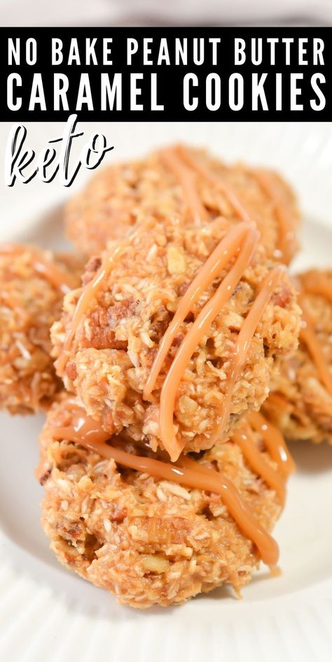 Keto Peanut Butter Caramel Cookies - Easy No-Bake Recipe Keto No Bake Peanut Butter Cookies, Low Carb Peanut Butter Desserts, Low Carb No Bake Desserts, Peanut Butter Banana Recipes, Stylish Cravings, Low Carb Peanut Butter Cookies, Peanut Butter Banana Cookies, Keto Banana, Peanut Butter Caramel