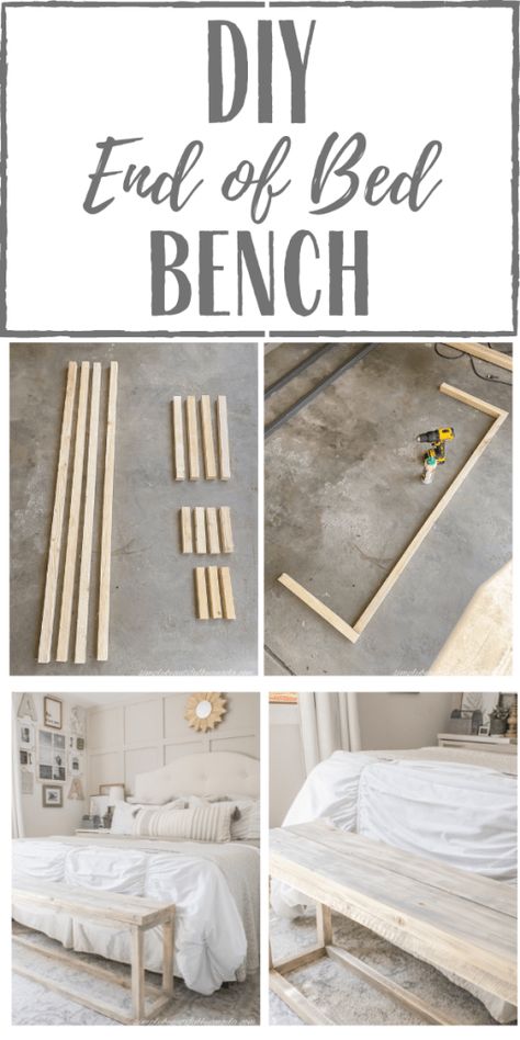 New DIY End of Bed Bench Diy Bench From Bed Frame, Small End Of Bed Bench, Diy End Of The Bed Bench, Bedside Bench Bedroom Ideas, Diy Bench Behind Couch, Farmhouse End Of Bed Bench, Bookshelf At End Of Bed, Diy Bedroom Bench Seat, Bedroom Bench Ideas Diy