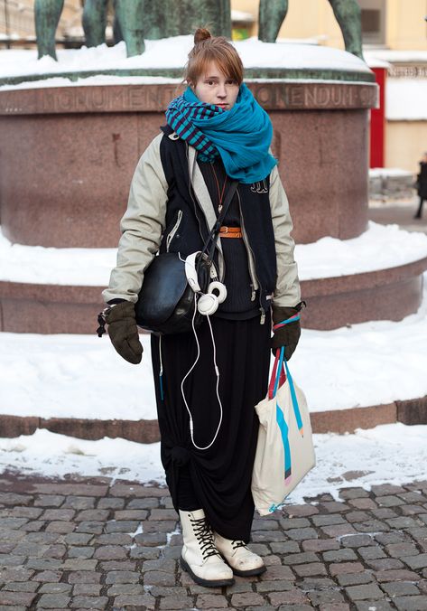 Havu, 21 “I'm wearing my old, trusted Dr Martens boots, a men's jacket from Zara and inherited mittens. I like maxi skirts and tomboy looks. In spring I'm going to wear more colours.” Reykjavik Iceland Fashion Street Style, Homeless Fashion, Iceland Fashion, Hel Looks, 90s Street Style, Tomboy Look, Street Style Blog, Martens Boots, Fast Cash