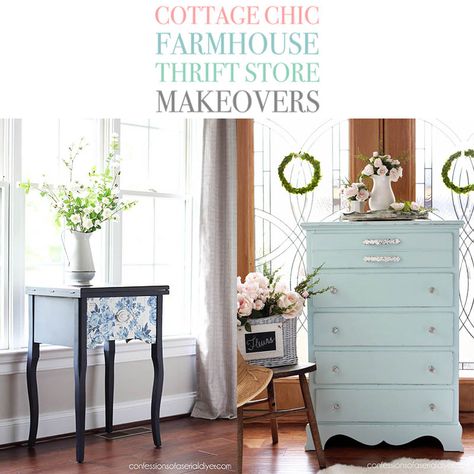 Cottage Chic Farmhouse Thrift Store Makeovers - The Cottage Market Upcycle Headboard, Farmhouse Thrift Store Makeovers, End Table Makeover, Cottage Market, Dressers Makeover, Fairytale Cottage, Desk Makeover, Unique Farmhouse, English Cottage Style