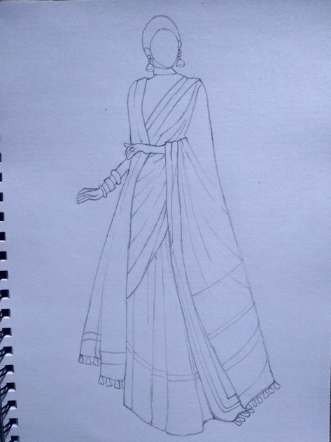 Saree Draping Illustration Sketches, Saree Flat Sketch, Dress Design Sketches Indian, Pencil Fashion Sketches, Saree Croquis, Traditional Dress Sketch Illustrations, Indian Fashion Drawing, Sarees Illustration, Saree Illustration Fashion Sketch