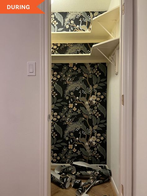 Office Closet Wallpaper, Dark Painted Closet Interior, Walk In Closet With Wallpaper, Coat Closet Wallpaper, Wallpaper Inside Closet, Wallpaper In Closet Walk In, Master Closet Wallpaper, Painted Closet Interior, Walk In Closet Wallpaper