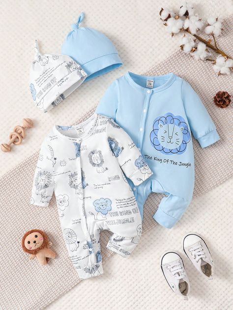 4pcs/set Baby Girl Casual Long-sleeved Slanted Button Lion Printed Pattern Thickened Jumpsuit For Autumn And WinterI discovered amazing products on SHEIN.com, come check them out! Cute Onesie, Baby Boy Dress, Lion Print, Simple Cartoon, Newborn Boy