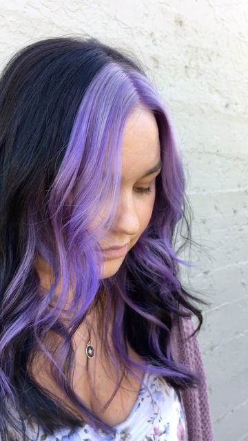 Lavender Hair Dye Ideas, Black Hair Lavender Highlights, Two Toned Hair Purple, Pastel Purple And Black Hair, Blonde And Violet Hair, Violet Peekaboo Hair, Shag Haircut Curtain Bangs, Two Tone Purple Hair, Purple Money Piece Hair