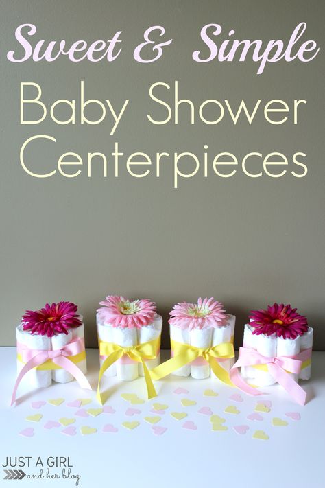 Super sweet and simple baby shower centerpiece made with diapers, ribbon, and a faux flower! Adorable! | Just a Girl and Her Blog Simple Baby Shower Centerpieces, Baby Shower Ideas For Girls Themes, Baby Samples, Names Baby, Simple Baby Shower, Shower Bebe, Expecting Parents, Shower Centerpieces, Shower Themes