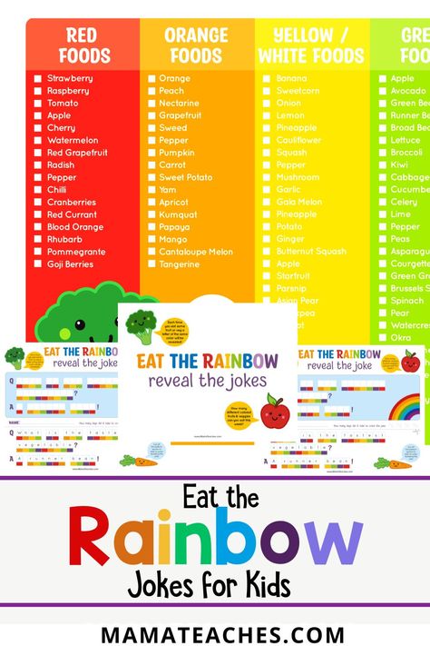 Eat the Rainbow Jokes for Kids - Mama Teaches Eat The Rainbow Activities For Kids, Rainbow Eating, Rainbow For Kids, Rainbow Veggies, Rainbow Pasta, Rainbow Snacks, Rainbow Project, Rainbow Activities, Rainbow Salad