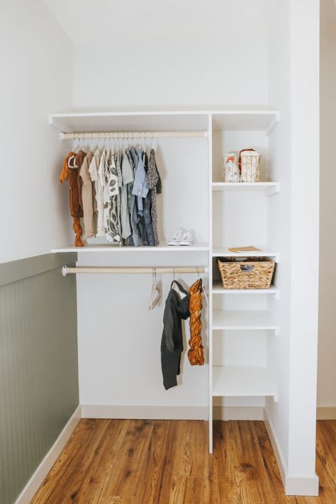 Open Closet In Nursery, Open Shelving Nursery, Open Closet Storage Ideas, Neutral Shared Nursery, Nursery Built Ins, Simple Boho Nursery, Open Closet Nursery, Diy Closet Built Ins, Diy Open Closet