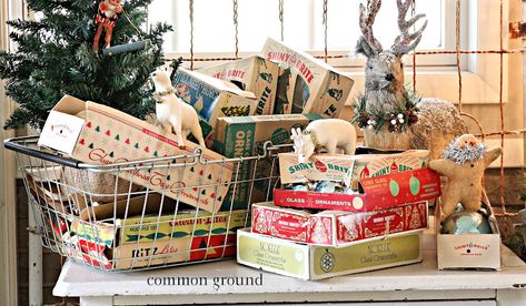 Vintage Ornament Display Ideas, Vintage Christmas Ornaments Display, Displaying Vintage Christmas Ornaments, How To Display Vintage Ornaments, Display Vintage Christmas Ornaments, Vintage Market Business, Lap Blankets, Fun Pillows, Vintage Christmas Ornament Box Diorama