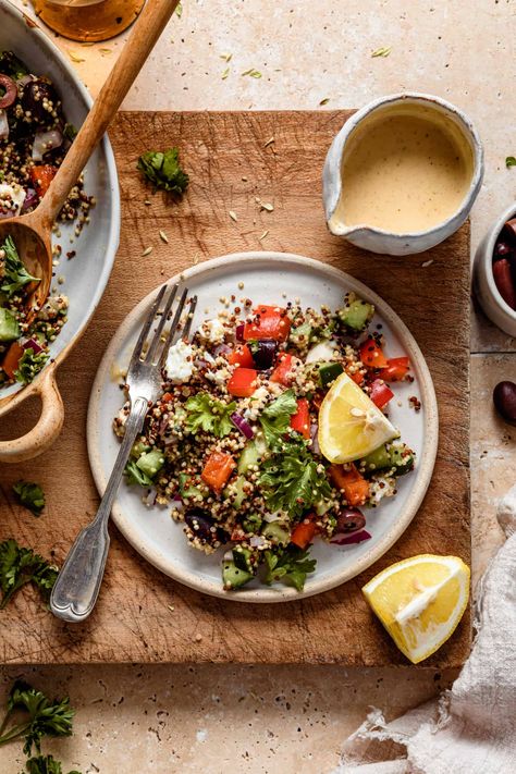 Mediterranean Quinoa Salad | Kalejunkie Mediterranean Salad Recipes, Clean Salads, Salad Photography, Quinoa Salads, Easy Quinoa Salad, Mediterranean Salad Recipe, Traditional Greek Salad, Mediterranean Quinoa, Easy Quinoa