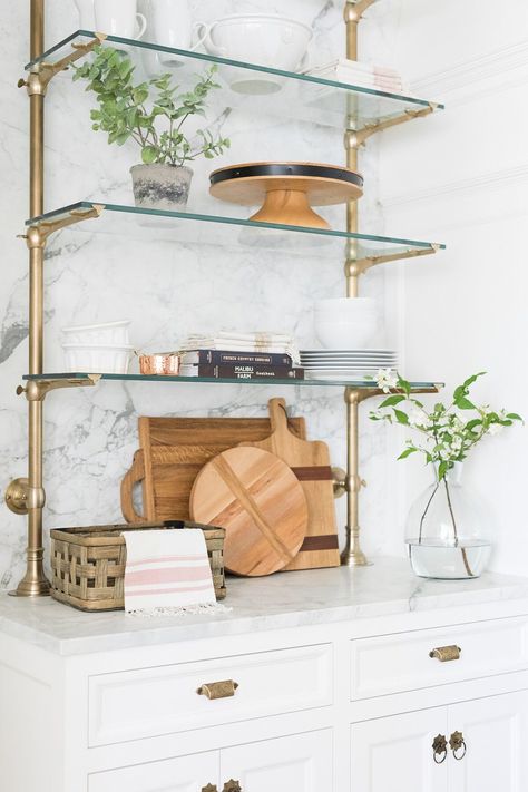 Bistro Shelving, Glass Shelves Kitchen, Mcgee & Co, Industrial Shelving, French Bistro, Basket Set, Wet Bar, Basket Sets, White Cabinets