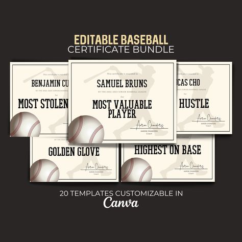 Baseball Awards, Printable Baseball, Participation Award, Gifts For Baseball Players, T Ball, Editable Certificates, Team Party, Baseball Party, Sports Awards