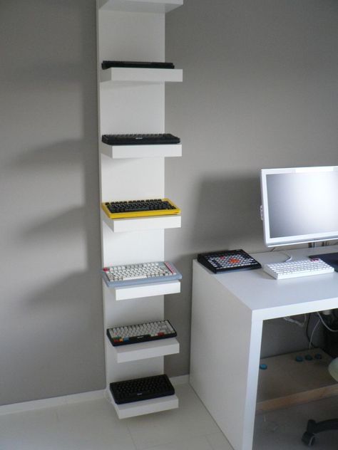 "Keyboard Shelf" - deskthority Pc Shelf Ideas, Mechanical Keyboard Display, Keyboard Display, Keyboard Storage, Lack Shelf, Ikea Lack Shelves, Bedroom 2023, Keyboard Custom, Diy Mechanical Keyboard