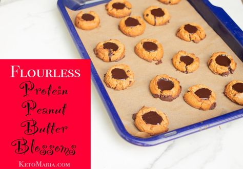 Flourless Protein Peanut Butter Blossoms Psmf Dessert Recipes, Keto Maria, Protein Peanut Butter, Maria Mind Body Health, Maria Emmerich, Peanut Blossoms, Butter Blossoms, Flourless Cookies, Keto Treats