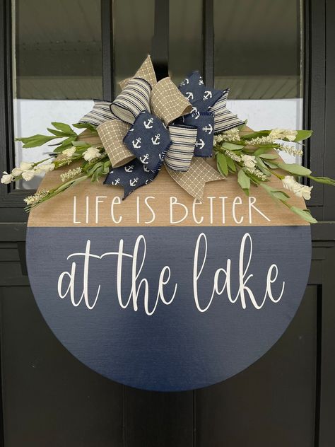 Front Door Decor Lake House Front Door Wreath Life is - Etsy New Lake House Gift Ideas, Summer Lake House Decor, Lake Porch Signs, Navy Blue Front Door Tan House, Beach House Door Hanger, Lake House Signs Ideas, Lake Theme Decor, Life Is Better At The Lake Sign, Lake House Door Sign