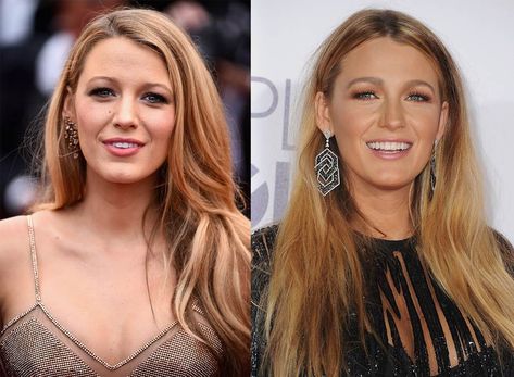 **Blake Lively**The perennially blonde actress hardly ever strays from her Hollywood-approved waves, so seeing her with a dramatic middle part is a major departure. Vintage Hairstyles Middle Part, Middle Part Vs Side Part Hairstyles, Middle Part Feathered Hair, Middle Path Hairstyles, Side Part Vs Middle Part Hair, Middle Part Vs Side Part, Middle Hair Part, Blake Lively Aesthetic, Middle Part Long Hair