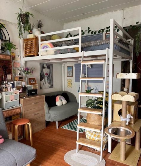 Loft Bed Aesthetic Korean, Adult Loft Bed For Small Rooms Bunk, Loft Bed Apartment Studios, Room Ideas Aesthetic With Loft Bed, Bedroom Photo Studio Ideas, Decorate Loft Space Ideas, Loft Bed Inspo Aesthetic, Full Loft Bed Ideas For Small Rooms, Loft Beds For Small Rooms Space Saving