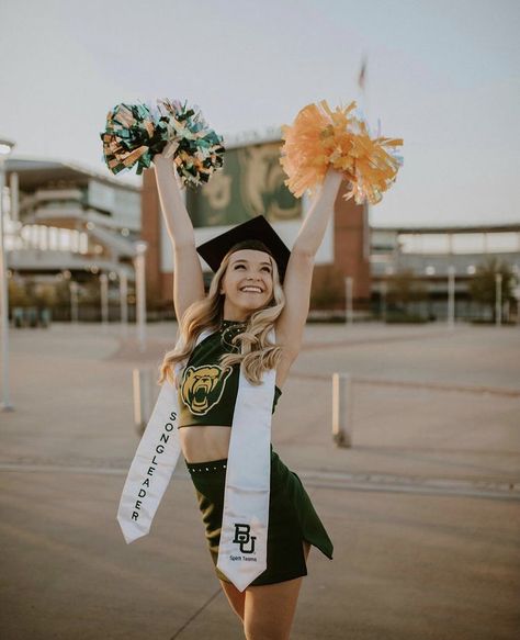 Dance Team Graduation Pictures, Cheer Uniform Senior Pictures, Senior Dance Team Pictures, College Cheer Graduation Pictures, Graduation Cheer Pictures, Senior Photoshoot Ideas Cheer, College Dance Team Pictures, Senior Cheer Pictures Cheerleading Poses Football Field, Senior Picture Ideas Cheerleading