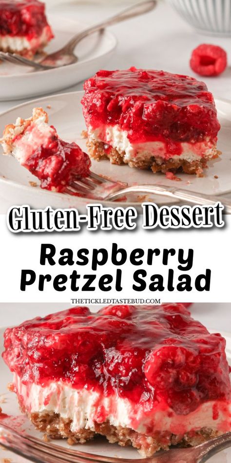 Gluten Free Dessert Bars, Raspberry Pretzel Salad, Gluten Free Dairy Free Dinner, Sugar Free Desserts Easy, Gluten Free Pretzels, Pretzel Salad, Easy Gluten Free Desserts, Gluten Free Sides, Gluten Free Kids