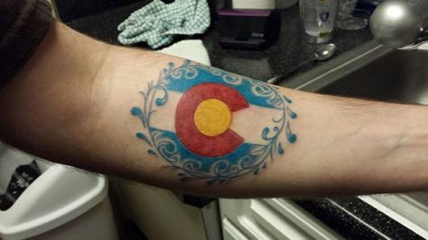 Cool Colorado Tattoo... I'd get it on the back of my shoulder though. Colorado Flag Tattoo, Colorado Tattoos, Tattoo Fixes, Tattoos On Back, Colorado Tattoo, Flag Tattoos, Pride Tattoo, Colorado Flag, Flag Tattoo